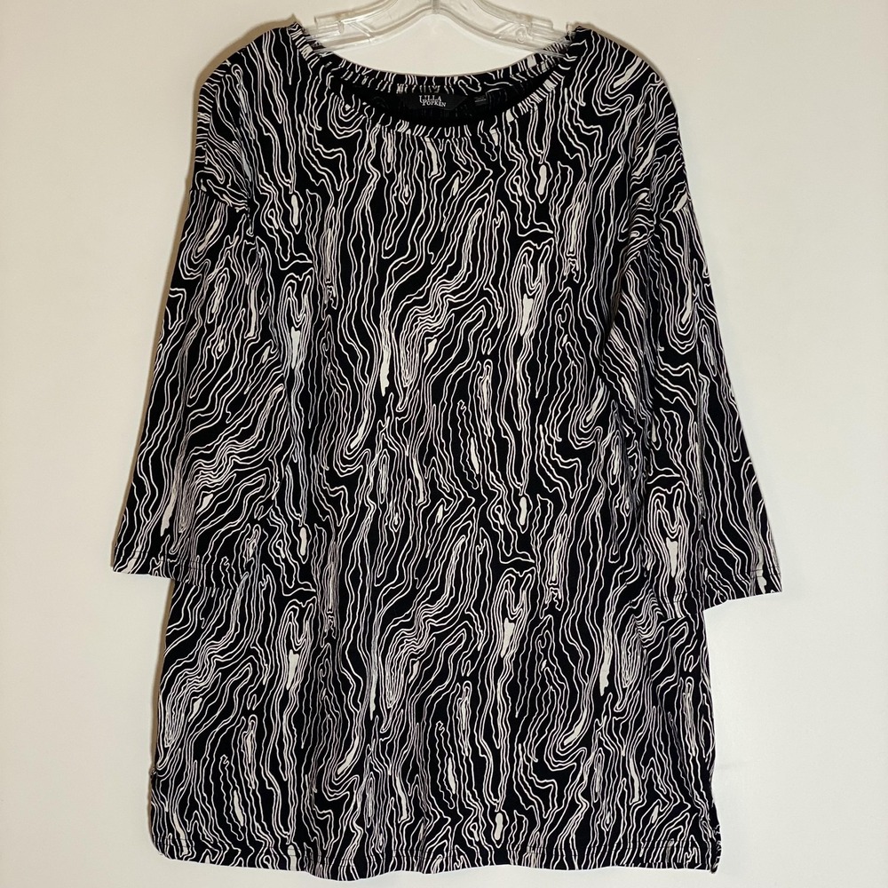 Ulla Popken Top Womens 12/14 Black Geometric Print 3/4 Sleeve Tunic Shirt Cotton